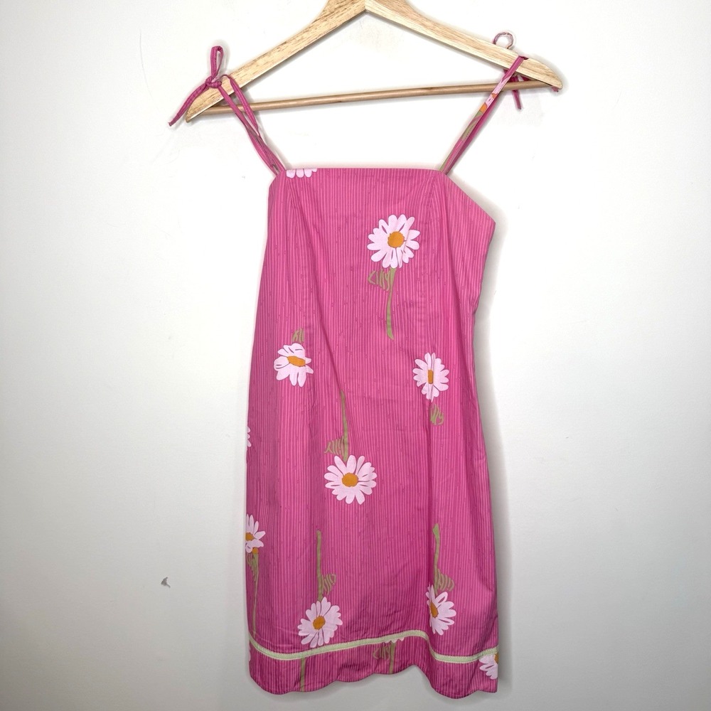 Vintage 90s Lilly Pulitzer Daisy Smocked Dress 12 Pink Tie Preppy Y2K Retro